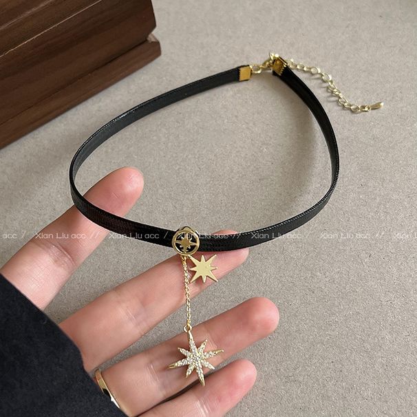 Sweet and cool Maillard eight-pointed star choker necklace pu leather necklace female niche design collarbone chain_voghion.com