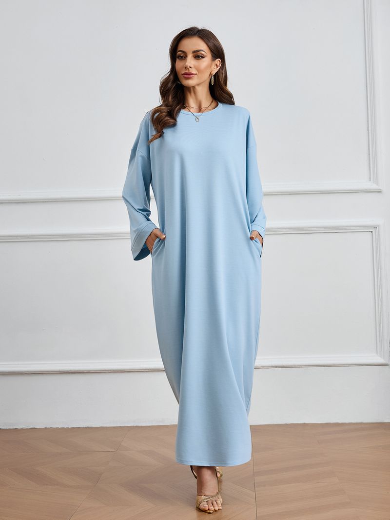Damenbekleidung Bequeme, lässige, einfarbige, lange Kleiderrobe, muslimische Modetasche, Polyestergewebe, langer Rock_voghion.com