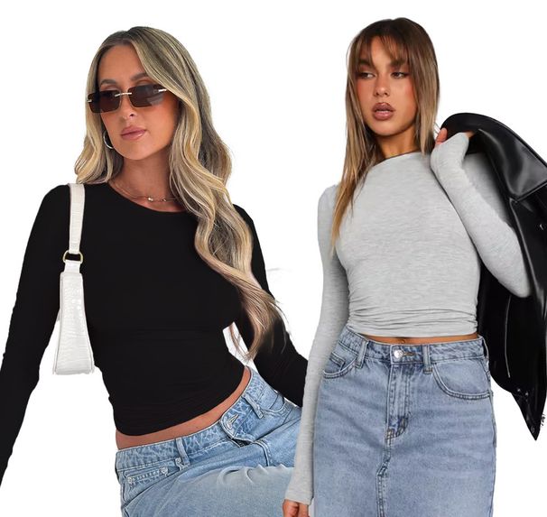 Conjunto de camiseta informal de manga larga para mujer: camiseta básica de cuello redondo y corte entallado (paquete de 2) - Mezcla de poliéster y elastano suave para mayor comodidad diaria_voghion.com