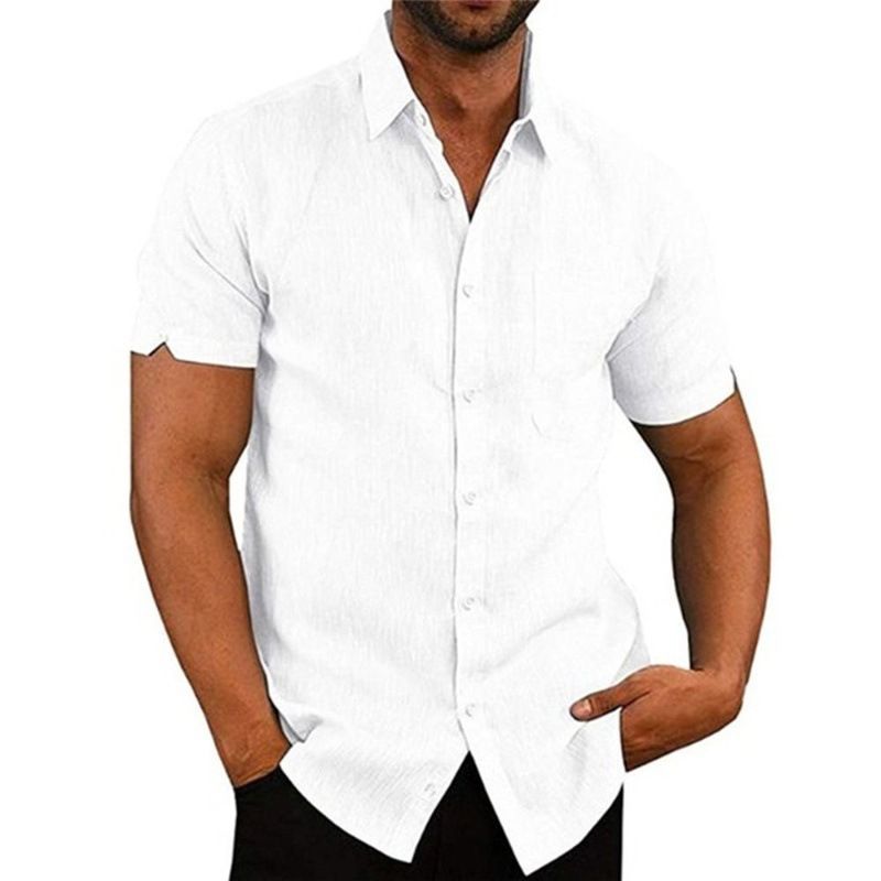 Summer Polo Collar Solid Short Sleeve Button Men's Linen Shirt_voghion.com