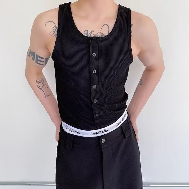 Summer personalized niche tight elastic vest for men, trendy solid color buckle design, sleeveless camisole_voghion.com