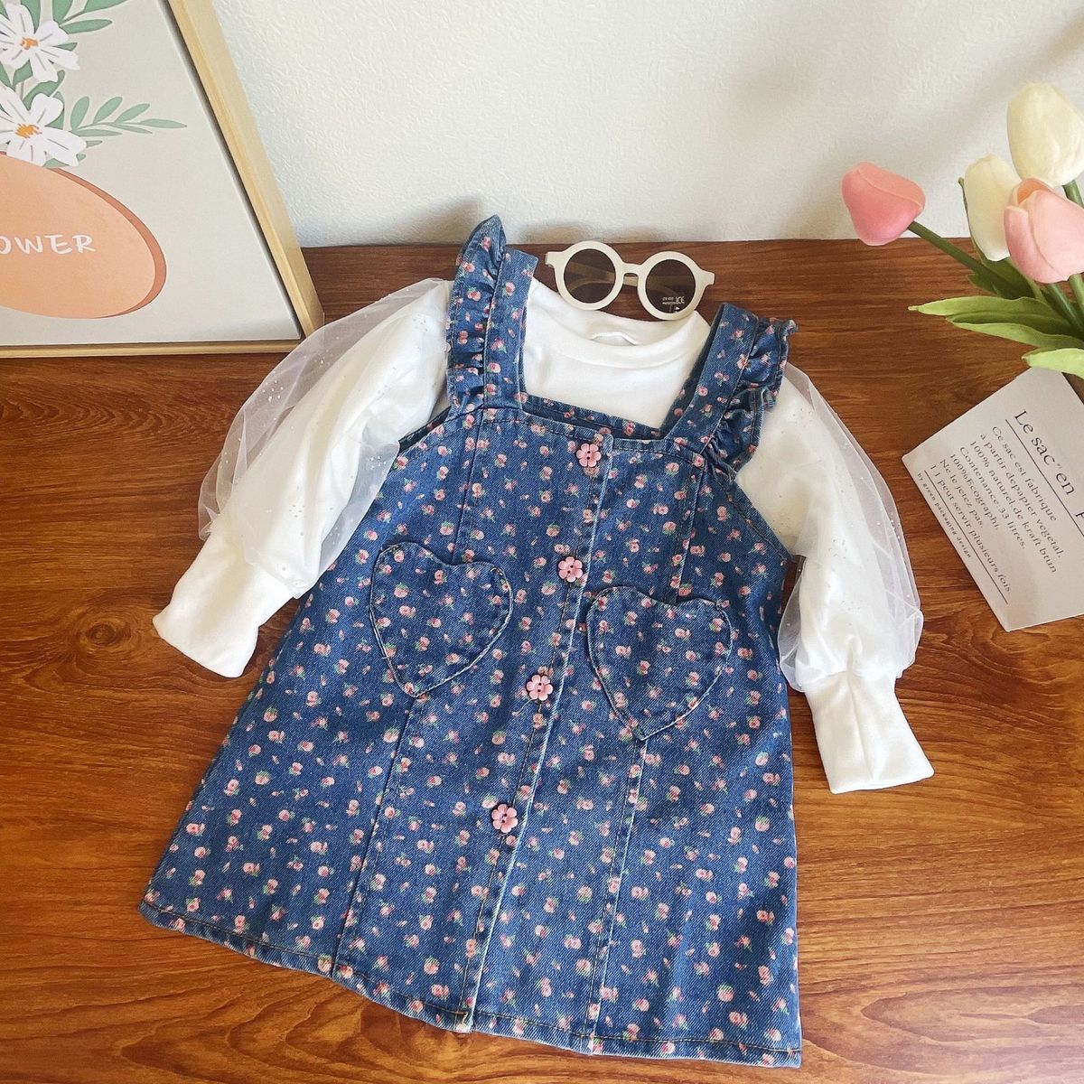 Kannerkleeder Hierscht nei Meedercher Kostüm Puffärmel Top plus gedréckte Jeans Overalls Rock Kostüm_voghion.com