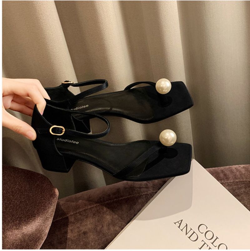tot * e Quadratischer Kopf Perlenclip Zehenschnalle Riemen Dicker High Heel Sandalen Sommer Mädchen_voghion.com