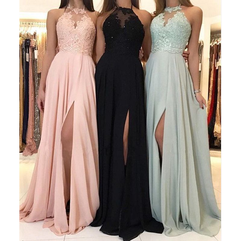 Roupas femininas Halter Lace Chiffon Vestido Prom Vestido de noite Slit Vestido longo Novo_voghion.com