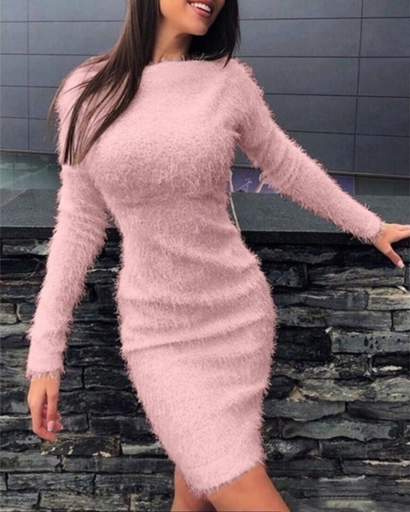 Abito da donna a maniche lunghe in vita sexy e peluche_voghion.com