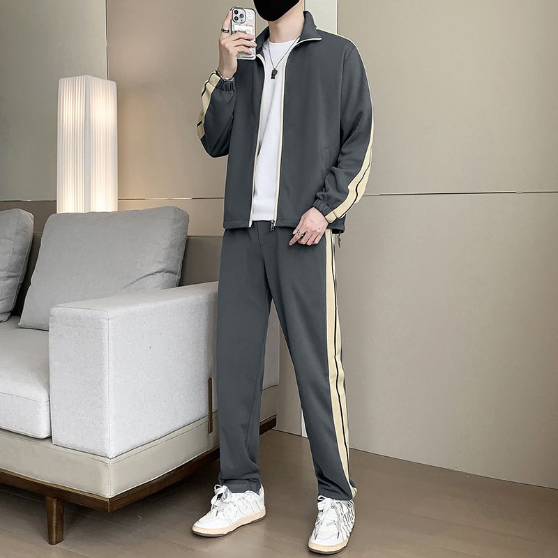 Men's Clothing men's spring wool cardigan stand collar sweater loose large size sweatpants a complete set of fashionable casual suits_voghion.com