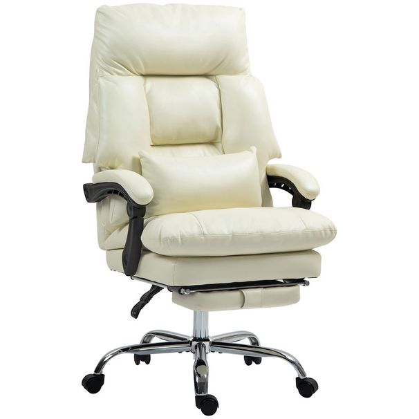 HOMCOM Overstuffed Office Chair, High Back Desk Chair With Foot Rest, Reclining PU Leather Computer Chair, Cream White_voghion.com