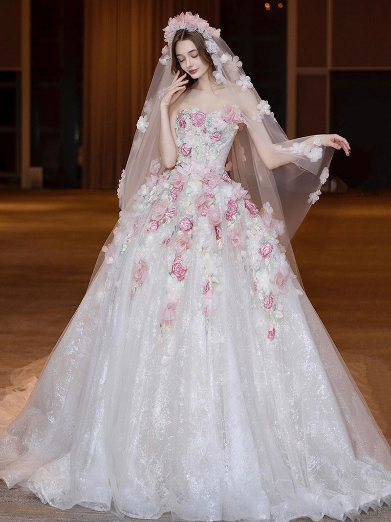 Women's Clothing Wedding dress new wedding handmade flower engagement tube top dress female outing yarn trailing_voghion.com