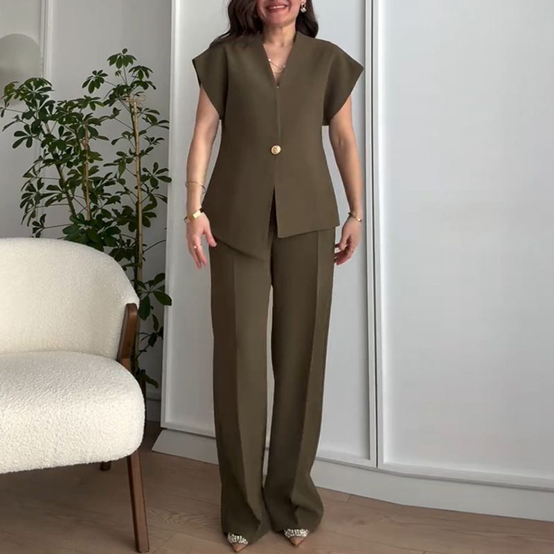 Vêtements pour femmes printemps et été nouveau style tempérament couleur unie irrégulière col en V haut taille haute pantalon costume_voghion.com
