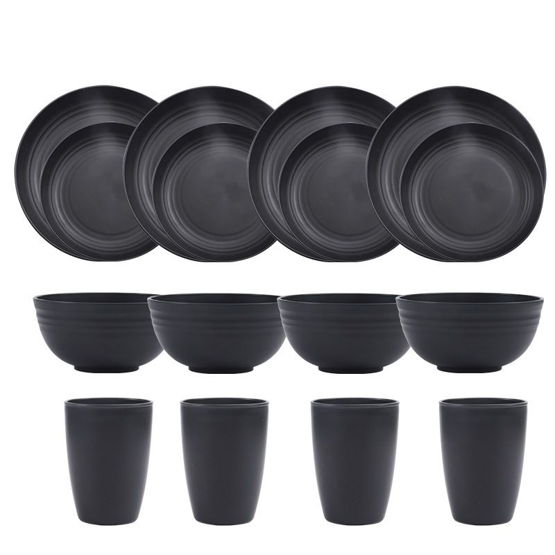 Set di stoviglie per esterni in paglia di grano, ciotola, tazza, piatto e coltello, forchetta, cucchiaio, bacchette, colore nero, di alta qualità, transfrontaliero_voghion.com