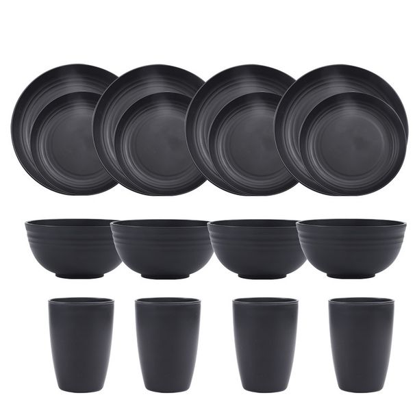 Set di stoviglie per esterni in paglia di grano, ciotola, tazza, piatto e coltello, forchetta, cucchiaio, bacchette, colore nero, di alta qualità, transfrontaliero_voghion.com