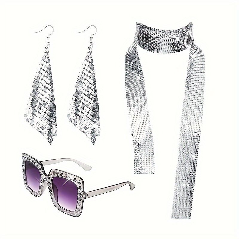 Sparkling party aluminum mesh accessories set 70s retro disco style silver plated sequin accessories_voghion.com