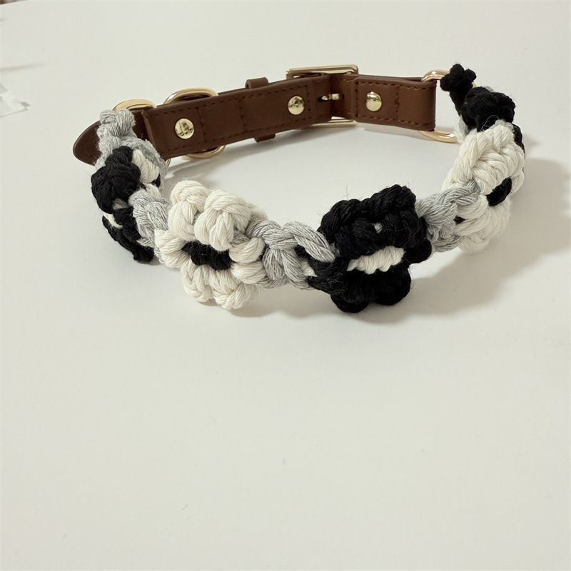 Hot Selling Personalized Pet Adjustable Leather Buckle Cotton Rope Woven Flower Dog Collar_voghion.com