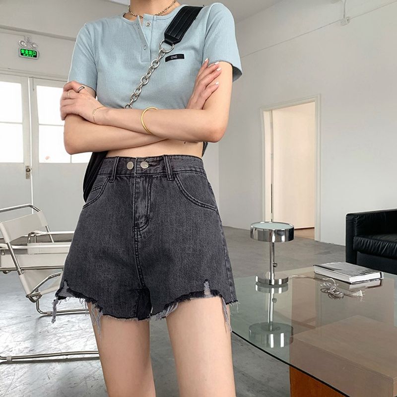 Internet famous thin denim shorts for women's summer new Instagram Spicy Girl high waist, punctured holes, wide legs,_voghion.com