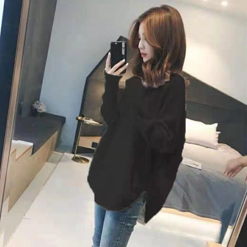 Maglione lavorato a maglia largo alla moda in tinta unita, stile pigro, con scollo a V, spacco sull'orlo, versione coreana 2024, autunno/inverno_voghion.com