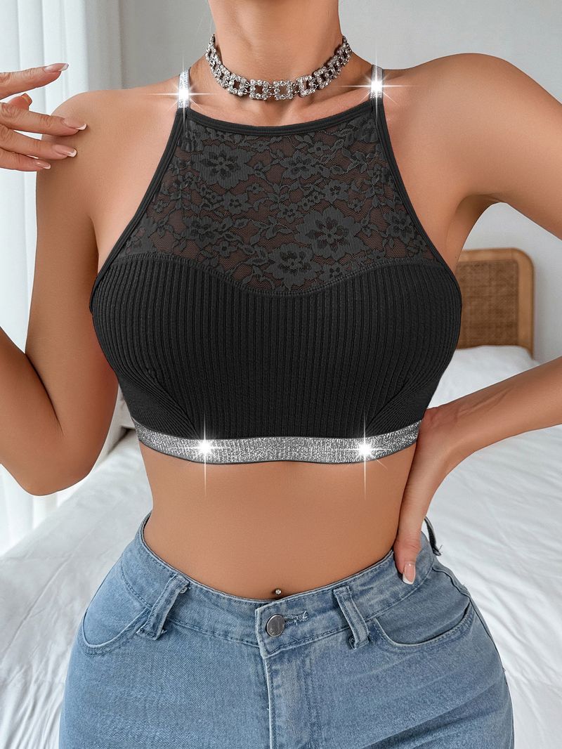 Unterwäsche Weste BH Spitze Spleißen Neckholder Silber Band Große Rückenfrei Kann Draußen Getragen Werden Neue BH Spot_voghion.com