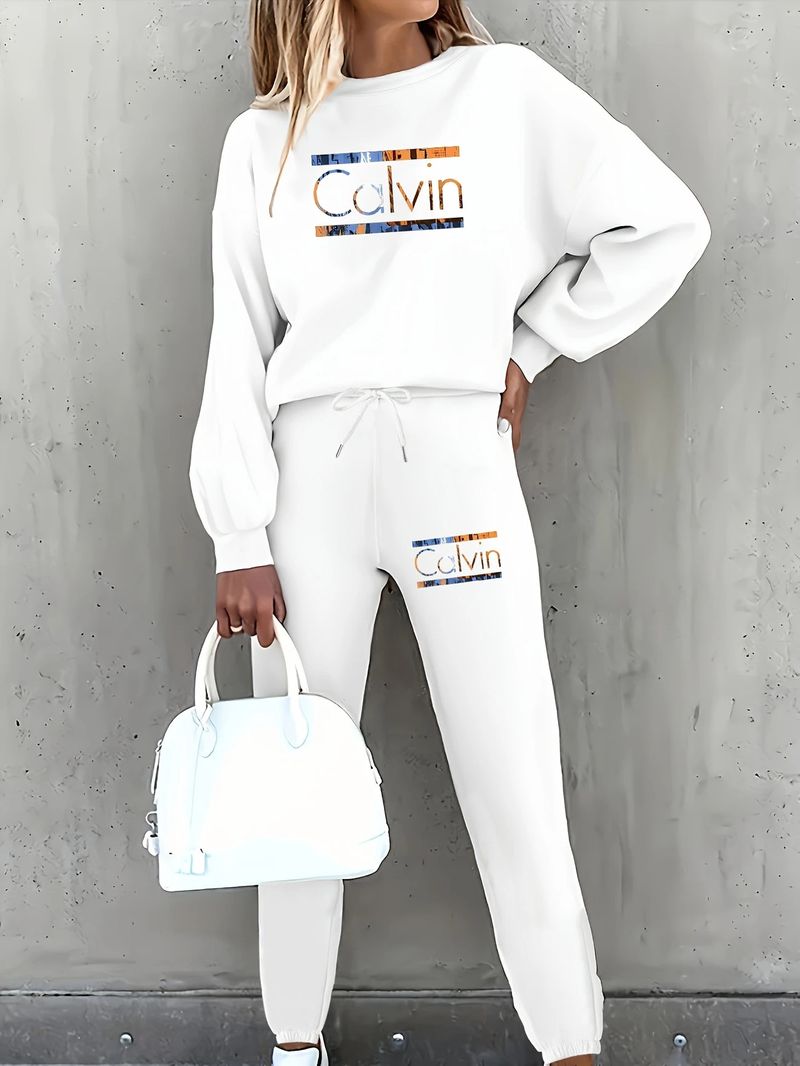 Women's Printed Two Piece Tracksuit, Long Sleeve Pullover Top And Drawstring Waist Pants, Casual Sportswear For Spring And Fall_voghion.com