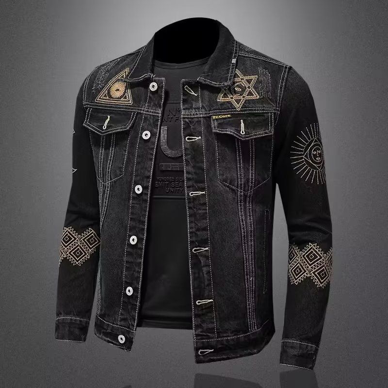 Herren Distressed Jeansjacke – Vintage Schwarzer bestickter Oversize-Mantel (M-4XL) – Retro-Streetwear für Herbst & Winter​_voghion.com