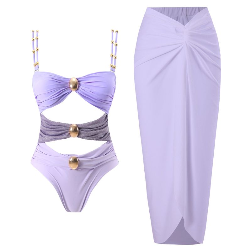 Maillot de bain une pièce rétro à boucle métallique assortie pour femme_voghion.com