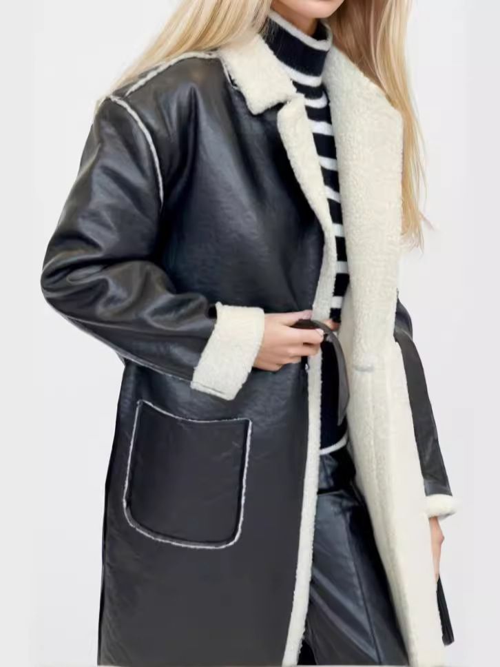 Damkläder höst- och vinterlångt avslappnat lädermaterial, plysch och förtjockad vindjacka, lös och moderiktig skinnjacka_voghion.com