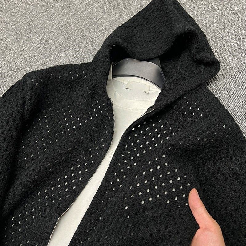 "Maglione unisex con cappuccio effetto consumato – Pullover oversize in maglia a rete con dettagli grunge (M-3XL, Nero/Blu navy/Grigio)"_voghion.com