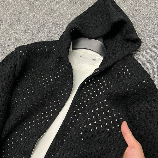 "Maglione unisex con cappuccio effetto consumato – Pullover oversize in maglia a rete con dettagli grunge (M-3XL, Nero/Blu navy/Grigio)"_voghion.com