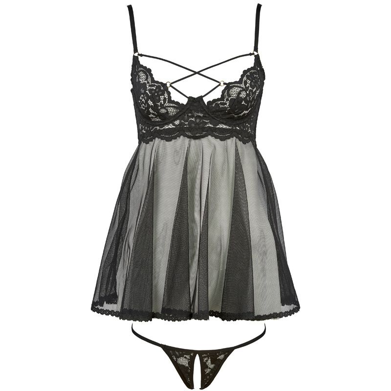 KOOSSOASIS Cross Strap Lace Mesh See-through Nightgown Open Crotch Thong Black Sexy Nightgown Set_voghion.com