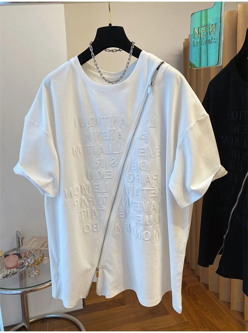 Women's Clothing new loose embroidery pure cotton heavy short-sleeved T-shirt female zipper split top_voghion.com