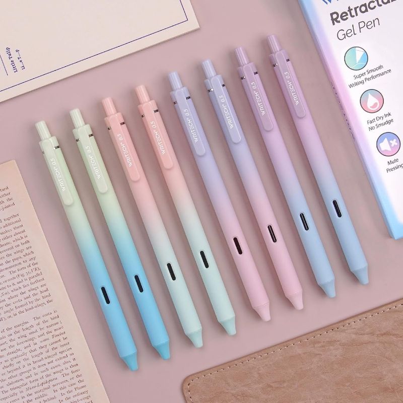 Retractable Gel Ink Pens: 8ct Black Ink 0.5mm Fine Point Tip Pen Comfort Grip Smooth Writing With Aesthetic Gradient Color Barr_voghion.com