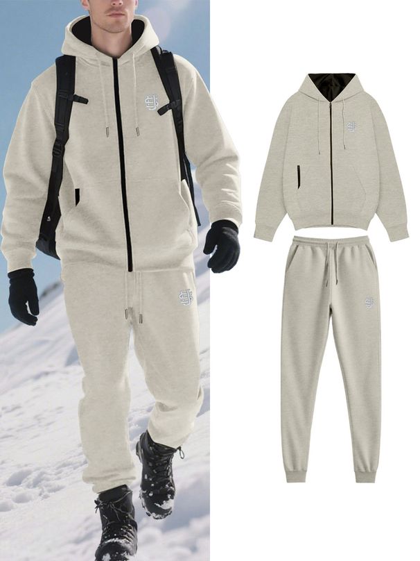 Men's Solid Color Fleece Hoodie & Jogger Set, Plush Lined Zip-Up Jacket With Matching Pants, Winter Loungewear_voghion.com