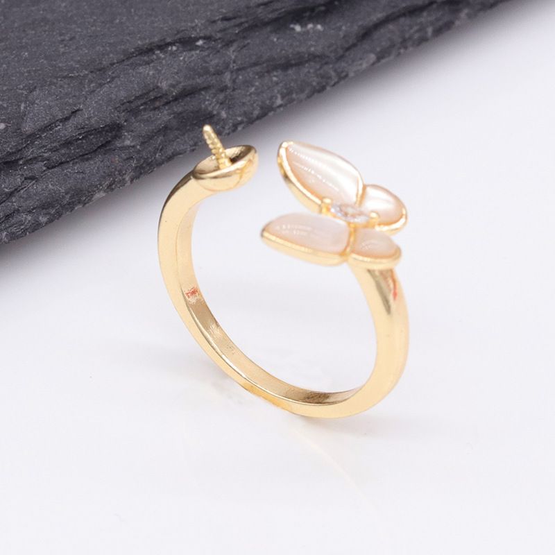 2025 High-End-Zirkon-Perlenmuschel-Bowknot-Ring für Damen, verstellbarer offener bunter Edelsteinring, Ins Trend, 14 Karat vergoldet_voghion.com
