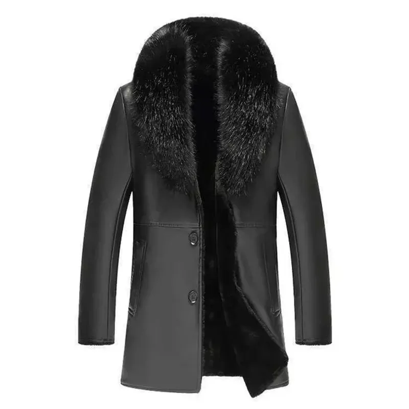 Herren Winter Kunstpelz Kragen PU Leder Herren Veet Dicker Warmer Flauschiger Mantel Langarm Lässige Schwarze Windjacke_voghion.com