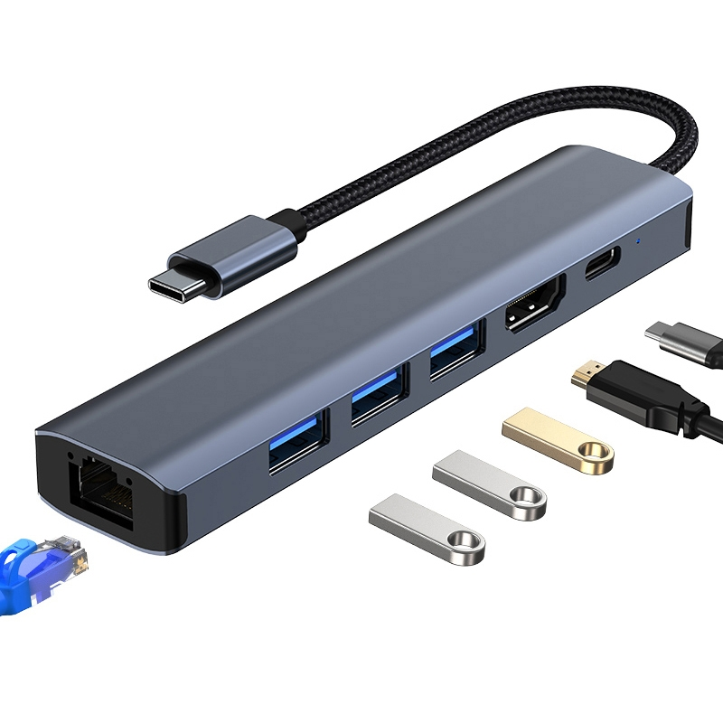 6 in 1 USB-C / Type-C to USB Multifunctional Docking Station HUB Adapter with 1000M Network Port_voghion.com