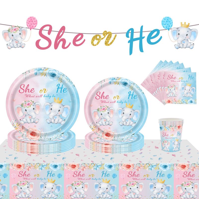 New Gender Reveals Baby Baptism Elephant Theme Birthday Party Supplies Paper Cup, Tissue, Paper Plate, Tableware Set_voghion.com