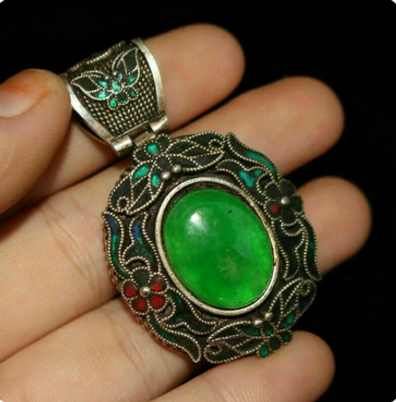 2.05" Chinese Old Tibetan silver Cloisonne inlay jadite Handmde Pendant_voghion.com