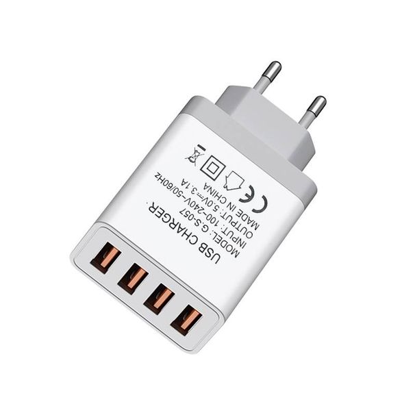 Caricabatterie da muro UE a 4 porte con potenza totale di 3,1 A – Compatibile con ricarica rapida QC2.0 per telefoni e tablet (bianco, 3 opzioni di imballaggio: senza/a sacchetto/a scatola)_voghion.com