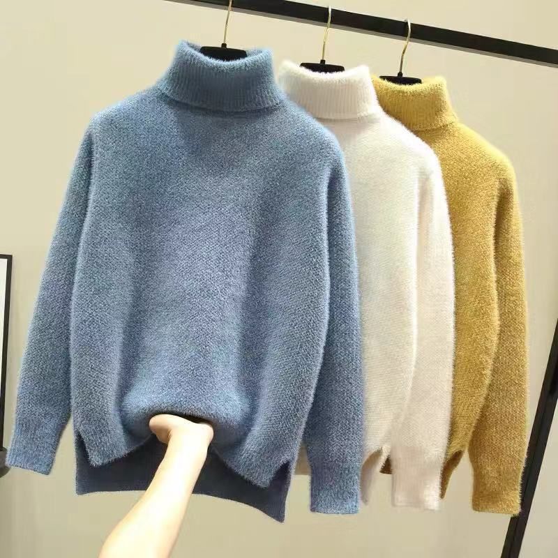 Women's Clothing Autumn And Winter New Thickened Solid Color All Matching Mink Pullover Sweater Women's Turtleneck Loose Wear Bottom Knitwear_voghion.com