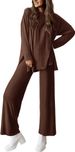 Women's Casual Lounge Set With Split Hem Pants & Long Sleeve Top – Soft Polyester Spandex Comfort Outfit In 12 Colors_voghion.com