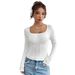 Women's fashion square collar long sleeve T-shirt solid color casual temperament tunic top_voghion.com