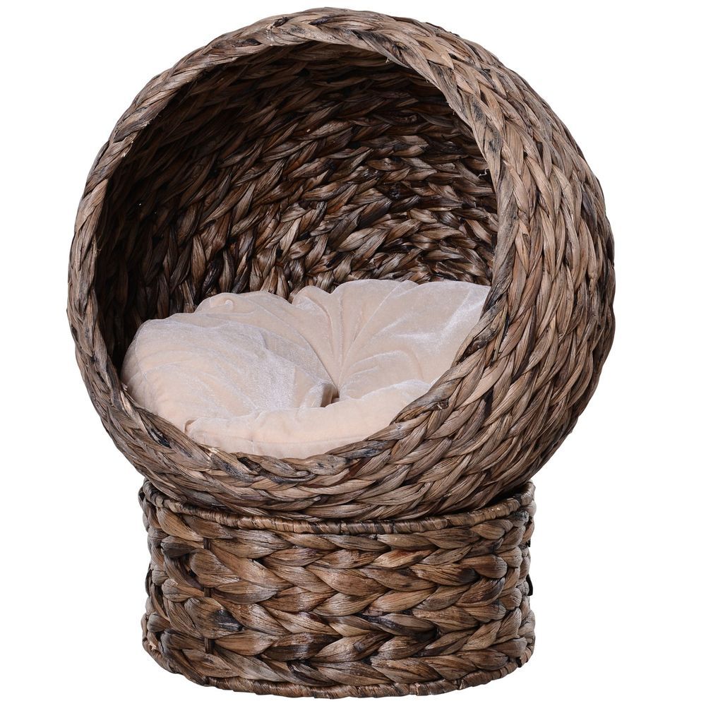 PawHut Handmade Wicker Elevated Cat Bed With Cushion Dark Brown For Kittens_voghion.com