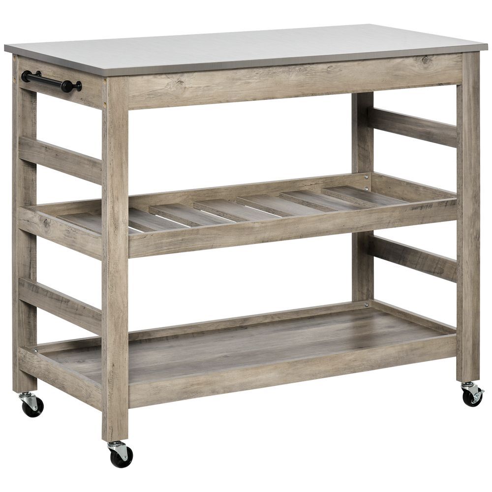 HOMCOM Rolling Kitchen Cart, Gray, With Stainless Steel Countertop, Bottom Shelf, Slotted Middle Shelf, 4 Castor Wheels_voghion.com