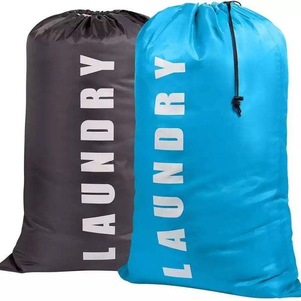 Grote waszak met trekkoord – duurzaam polyester voor op reis en in de slaapzaal, voor vuile was (grijs/blauw, 1-pack)_voghion.com