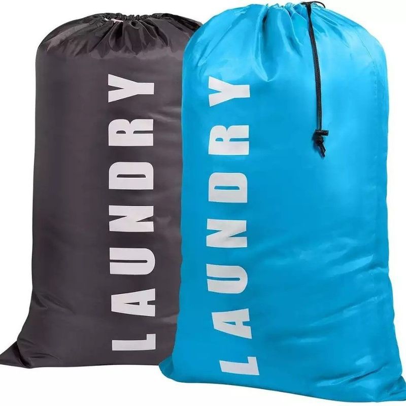 Large Drawstring Laundry Bag – Durable Polyester Travel & Dorm Storage For Dirty Clothes (Grey/Blue, 1-Pack)​_voghion.com