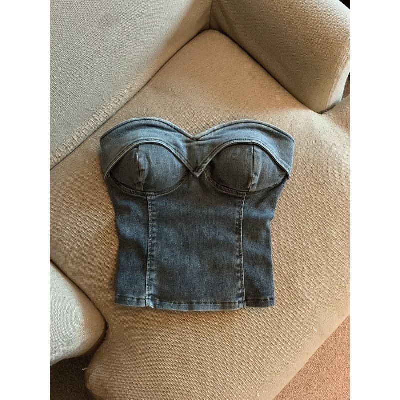 Damkläder Tube Tops Hot Girls Mode Retro Color Denim Sweet Cool All Match One Shoulder Navel Baring Korta toppar_voghion.com