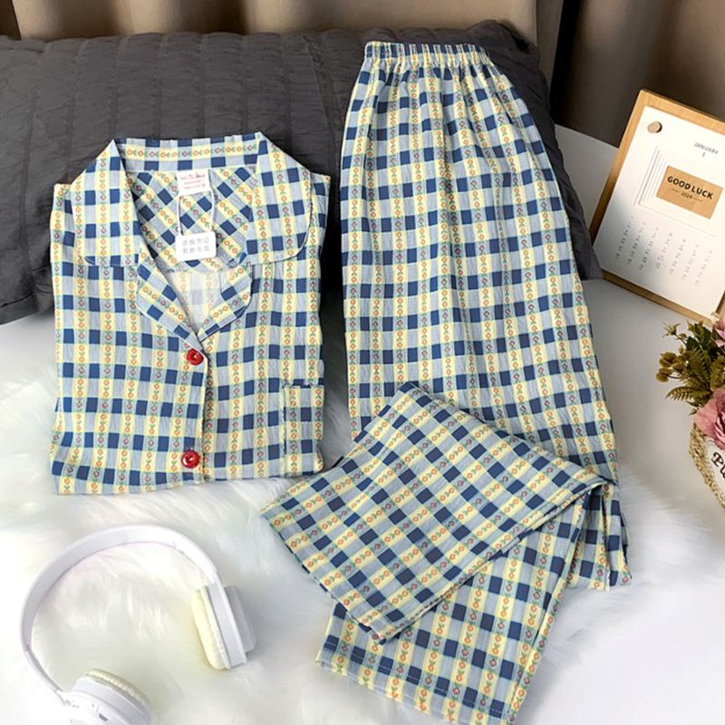 Korean version ins sleepwear for women in spring and autumn, thin cloud cotton long sleeved pants, cardigan two-piece_voghion.com