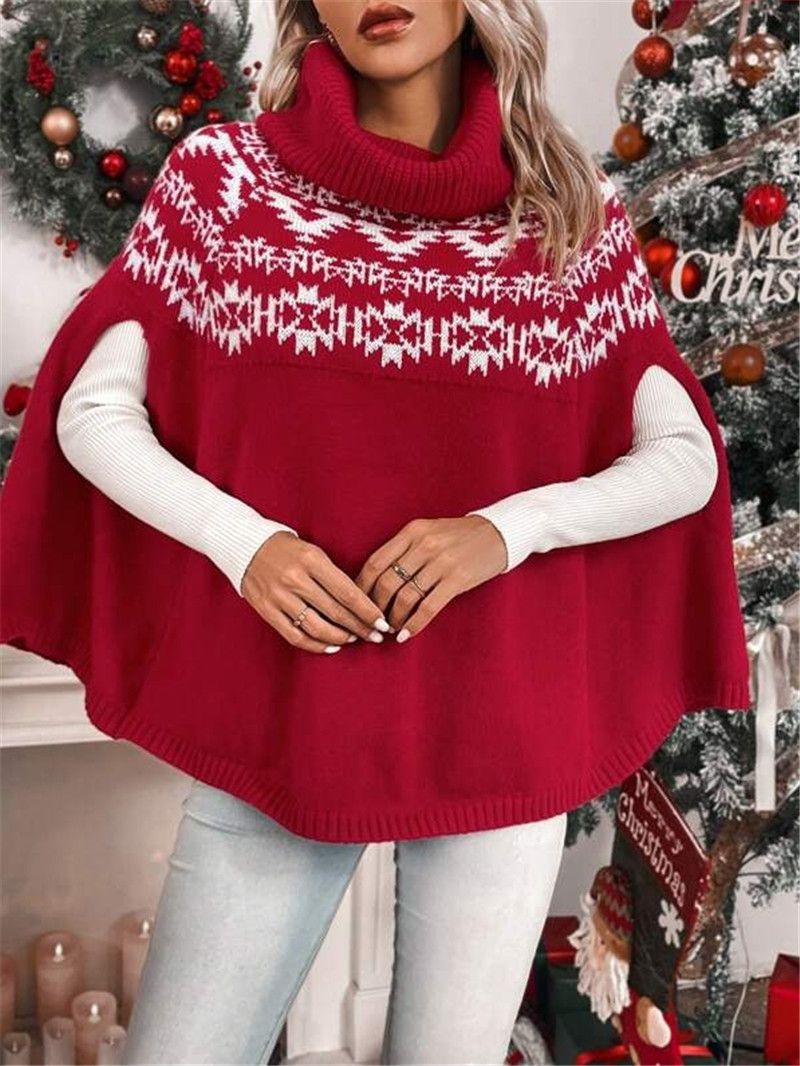 Pull à col roulé en tricot géographique à manches Cape de Noël pour femmes_voghion.com