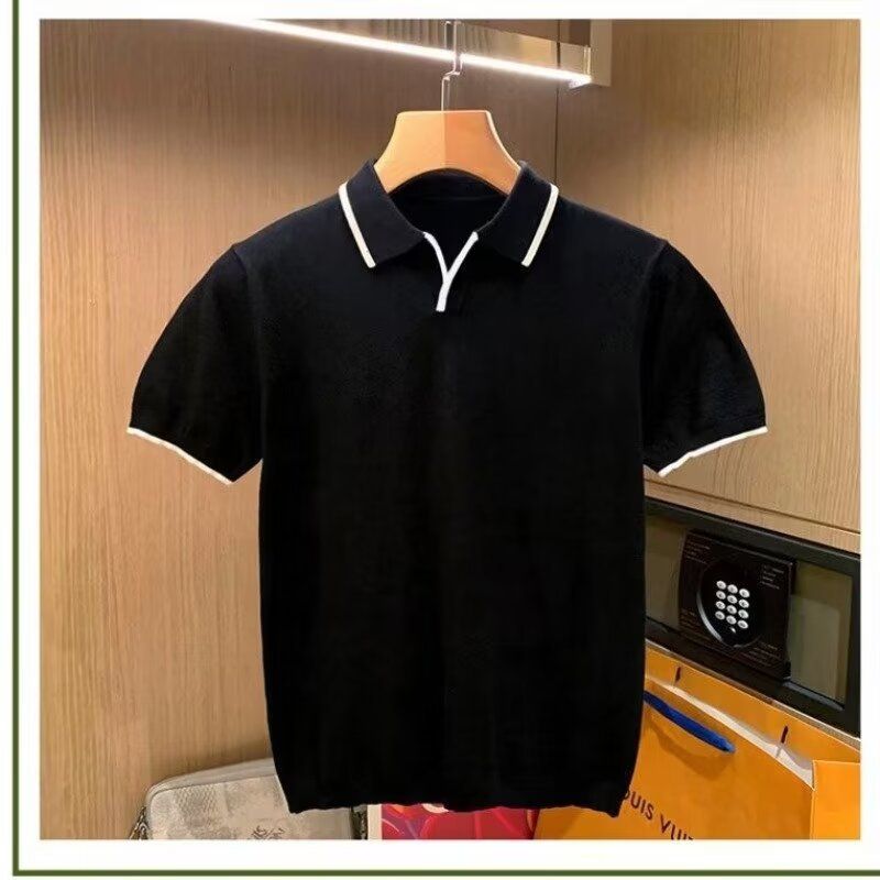 Ropa de hombre, polo de verano, camiseta con cuello de marca para hombre, camiseta de manga corta para hombre, top de punto versátil de color sólido atractivo_voghion.com