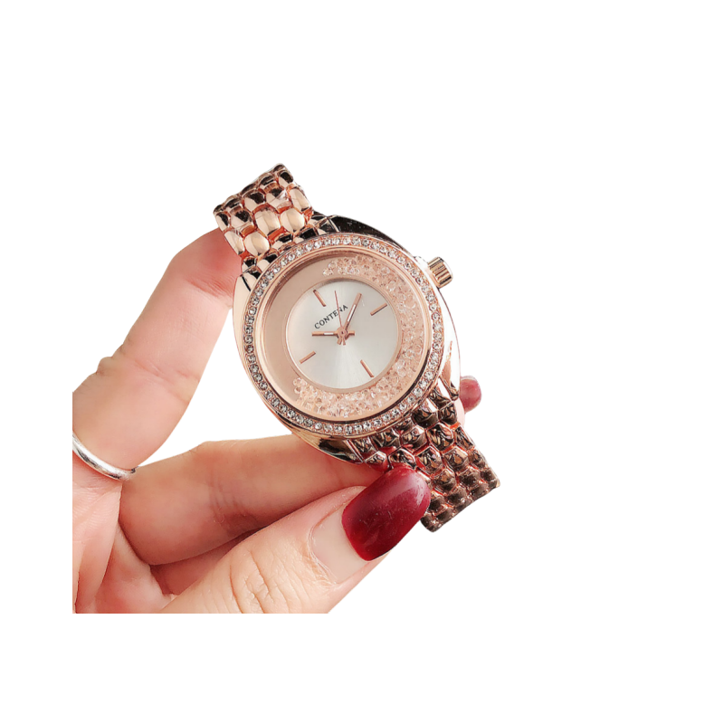 Light luxury women's flowable rhinestone diamonds disc elegant temperament valentine's gift niche steel band quartz watch_voghion.com