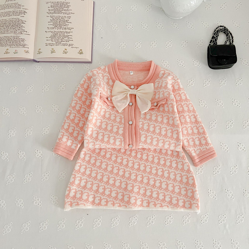 Anne & Çocuk Çocuk Kazak Etek Fiyonk İki Parça Set Uzun Kollu Hırka Moda Kazak Etek_voghion.com