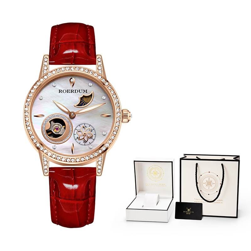 ROERDUM Camellia Collection - Mother-of-Pearl Dial Skeleton Mechanical Watch With Leather Strap, Fashionable Women's Casual Timepiece_voghion.com
